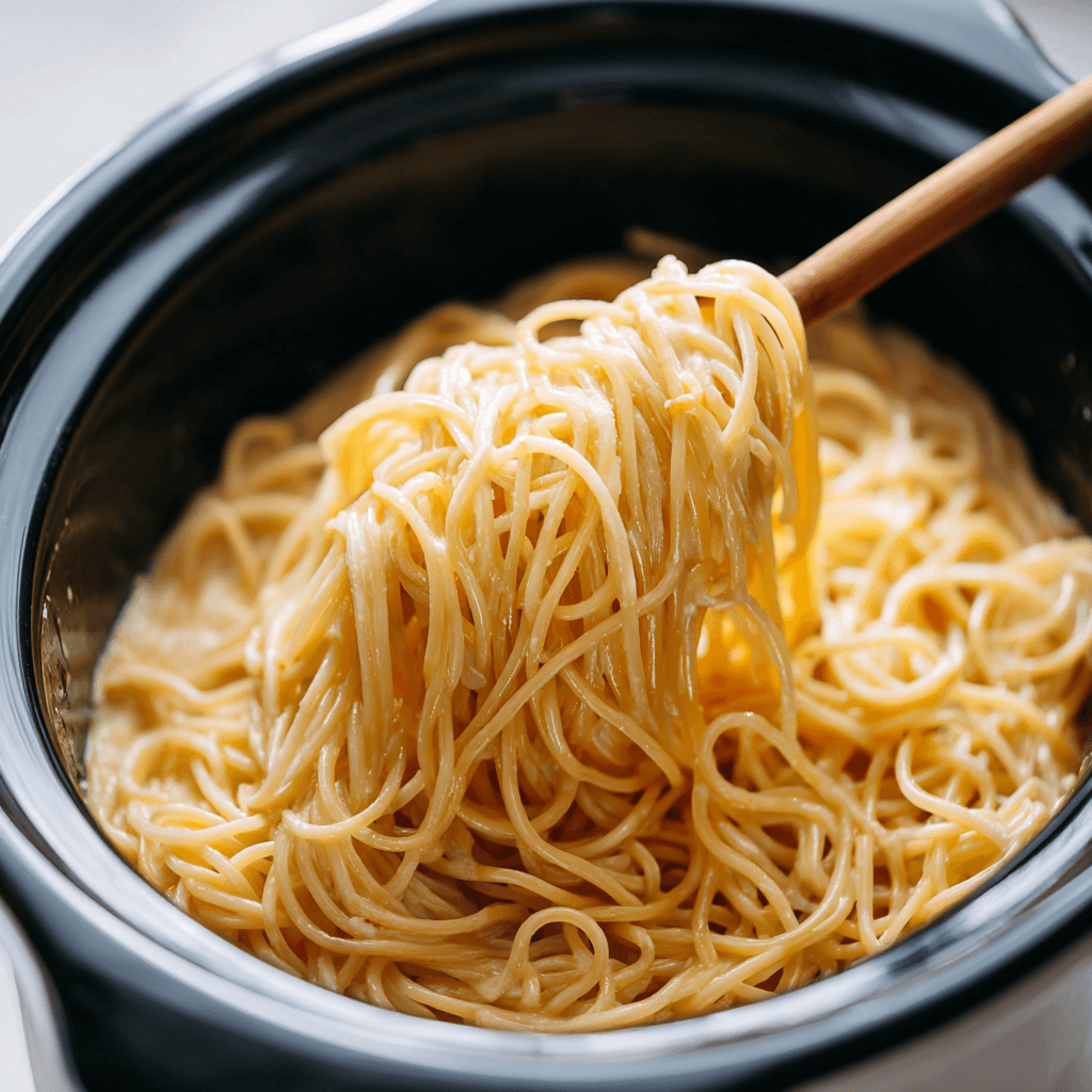 Crockpot Chicken Spaghetti Recipe – Easy, Creamy, Family Favorite 3 Perfectly cooked spaghetti noodles in a creamy sauce inside a crockpot