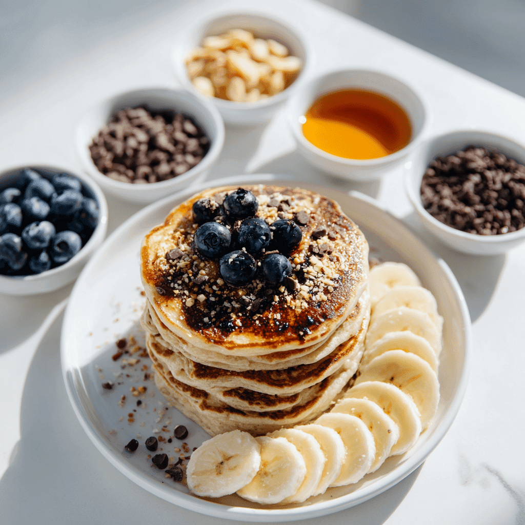 Vanilla Protein Powder Pancakes: Fluffy, Healthy & High-Protein 4 Vanilla protein pancakes with customizable toppings on a white plate