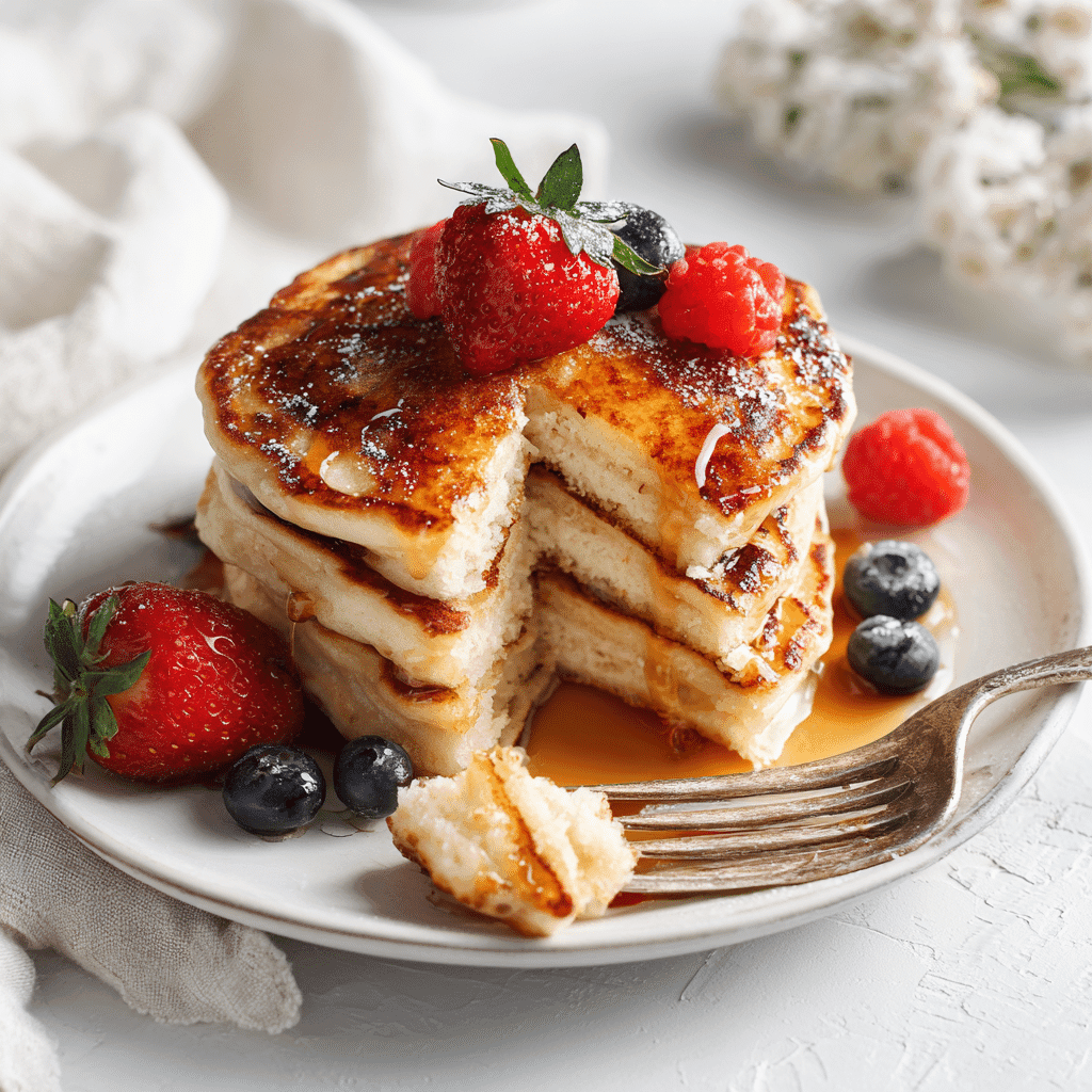 Dairy Free Pancake Recipe That Tastes Just Like the Real Thing 5 Fluffy dairy free pancakes with a bite taken, maple syrup, and fresh berries on a white plate