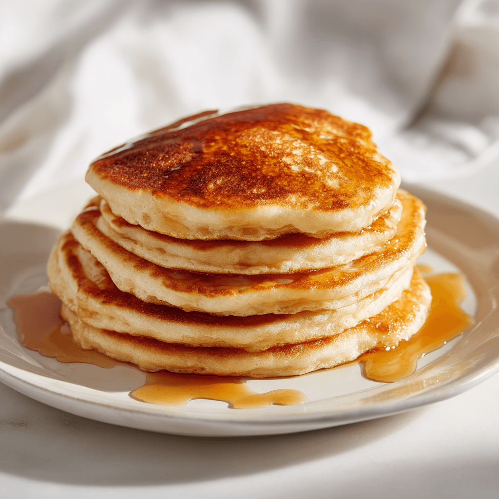 Dairy Free Pancake Recipe That Tastes Just Like the Real Thing 3 Perfectly cooked golden dairy free pancakes on a white plate with maple syrup