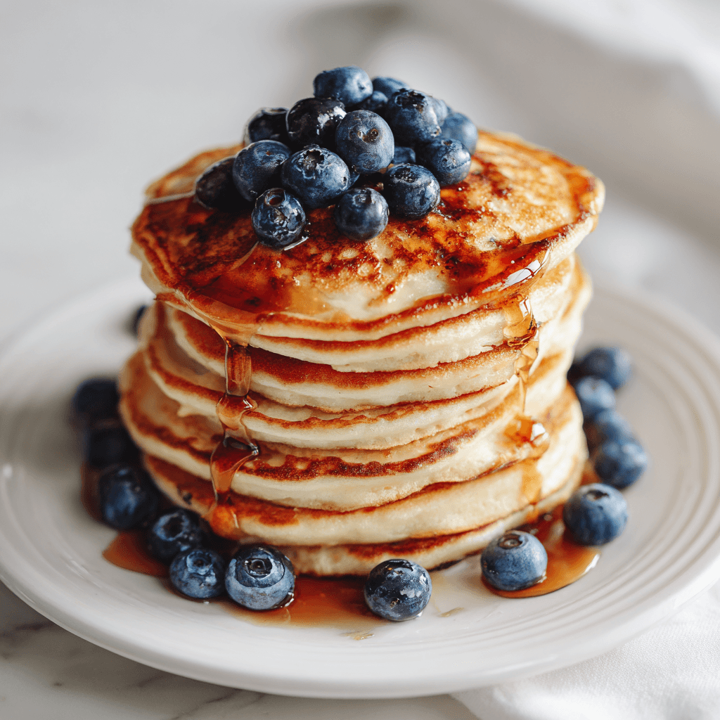 Dairy Free Pancake Recipe That Tastes Just Like the Real Thing 1 Fluffy dairy free pancake stack with maple syrup and blueberries on a white background