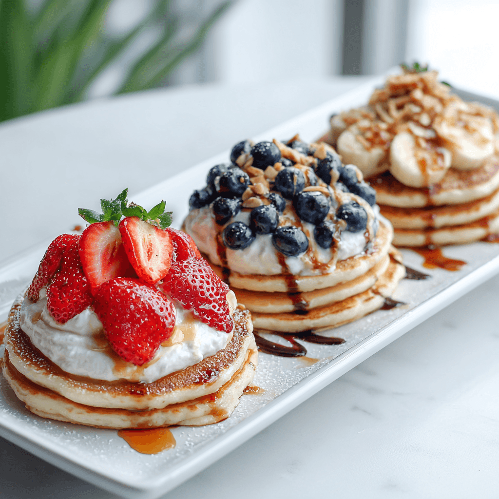 Dairy Free Pancake Recipe That Tastes Just Like the Real Thing 4 Three stacks of dairy free pancakes with different toppings on a white plate