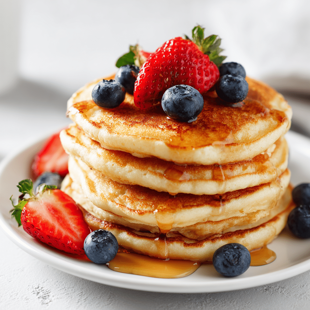 Dairy Free Pancake Recipe That Tastes Just Like the Real Thing 2 Fluffy dairy free pancakes with maple syrup, strawberries, and blueberries on a white background