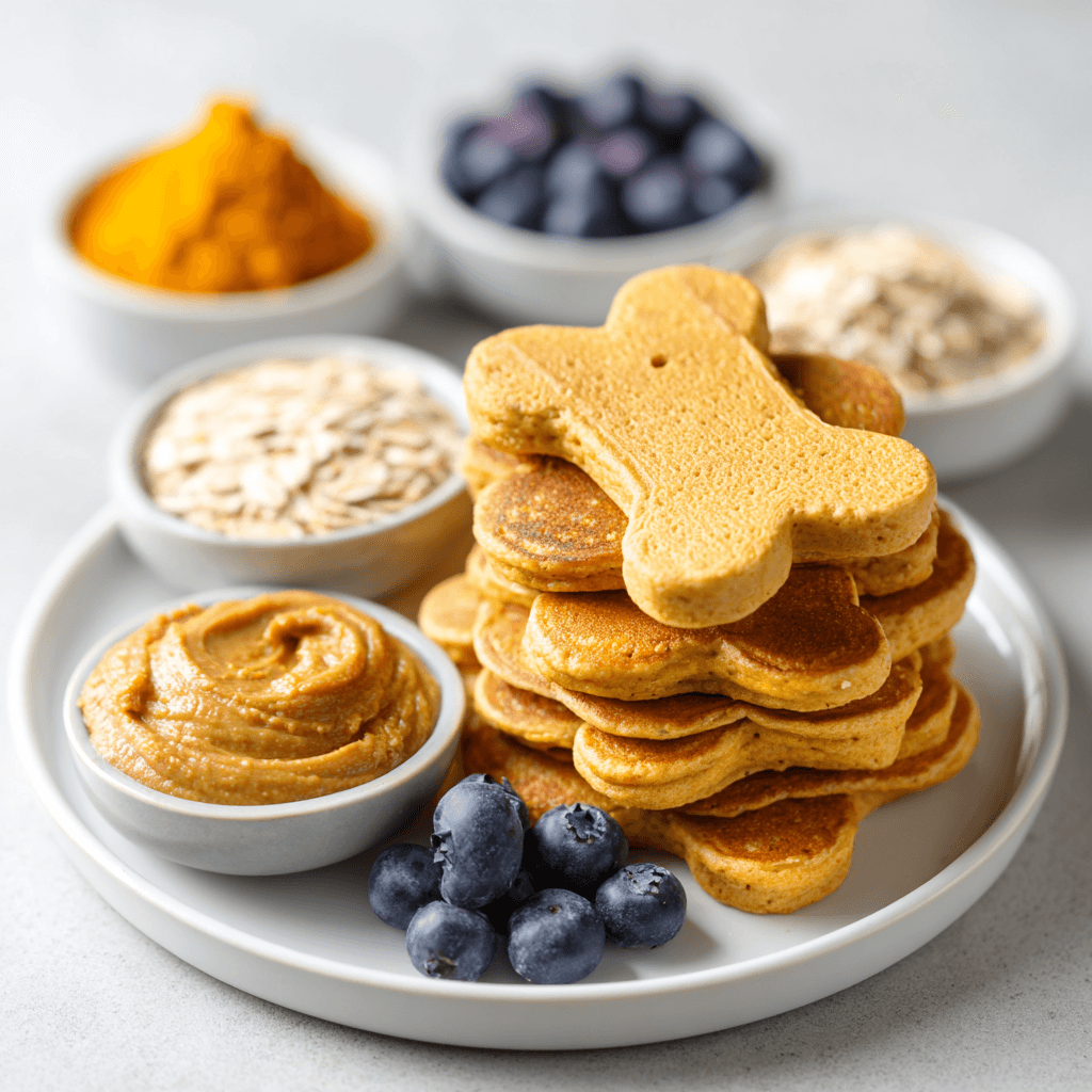 Dog Pancake Recipe Your Pup Will Love (and You Can Eat Too!) 4 Bone-shaped dog pancakes with bowls of pumpkin puree, peanut butter, oats, flaxseed, and blueberries
