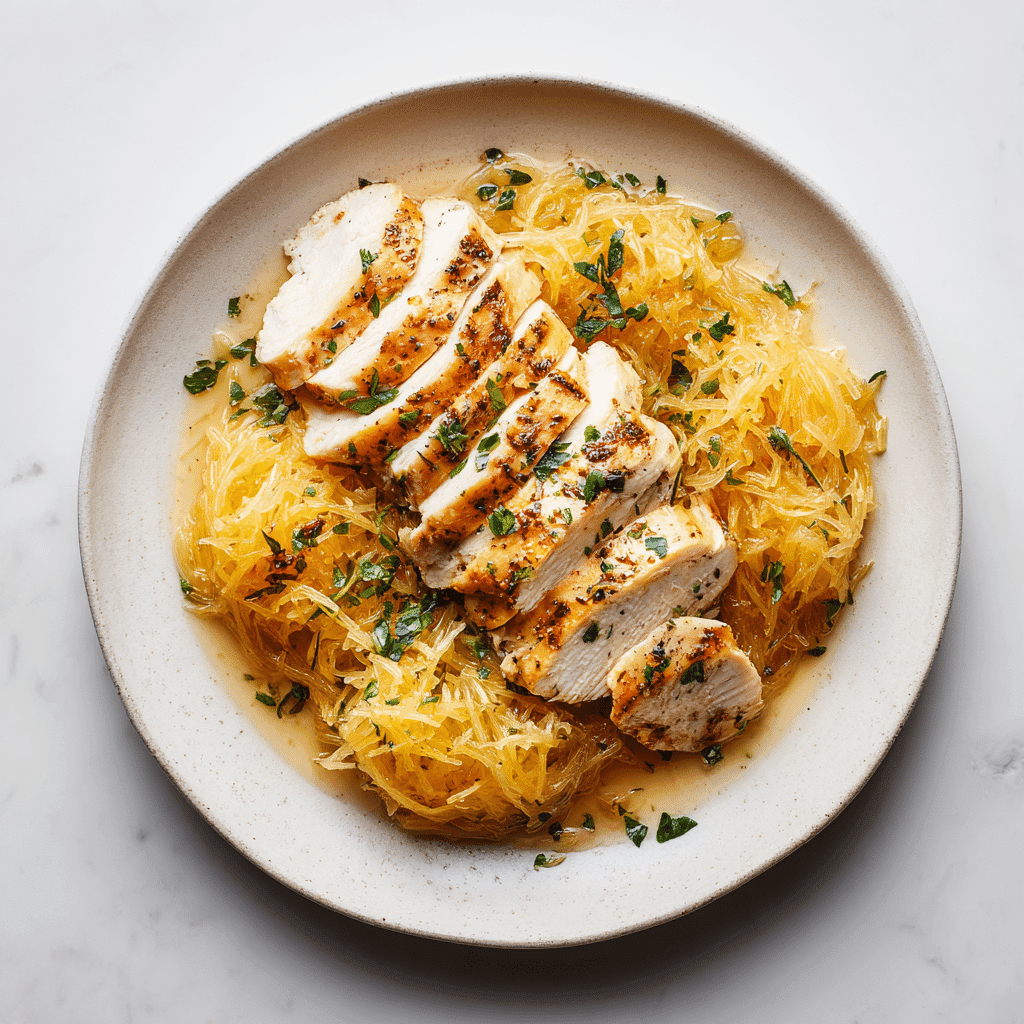Spaghetti Squash with Chicken – Healthy Comfort Food Made Easy 6 Finished plate of spaghetti squash with chicken, garnished and sauced