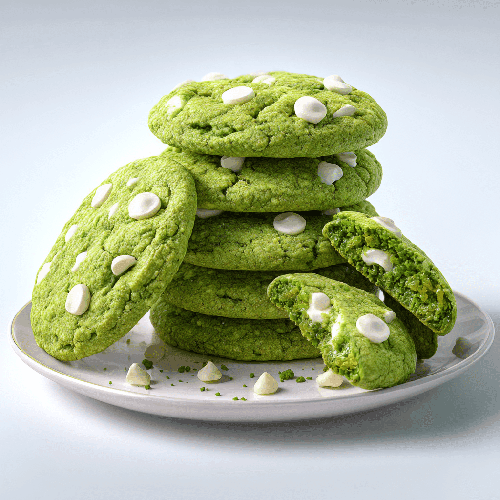 Matcha Latte Cookies – Soft, Chewy & Full of Flavor 3 stack of matcha latte cookies with one broken in half showing chewy interior