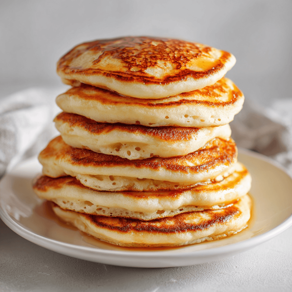 Pancake Recipe Without Milk – Easy, Fluffy & Dairy-Free 4 Stack of fluffy golden pancakes without dairy on a white plate.