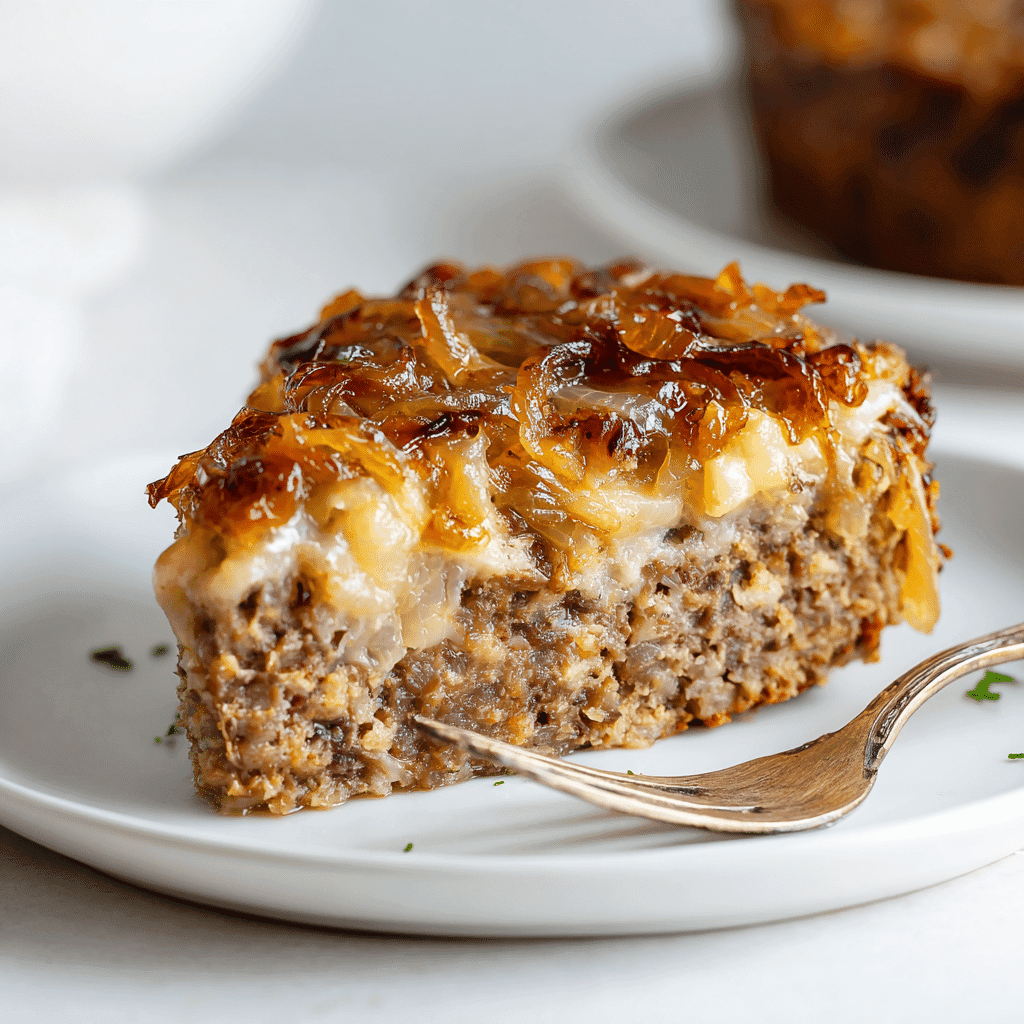 Crockpot French Onion Meatloaf – A Slow-Cooked Comfort Food Classic 7 Slice of crockpot French onion meatloaf with onions and cheese on a white plate