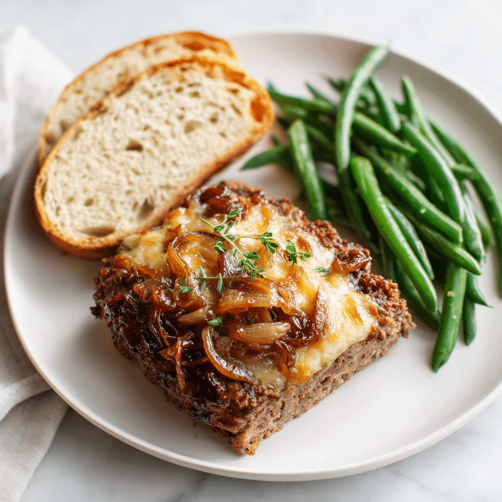 Crockpot French Onion Meatloaf – A Slow-Cooked Comfort Food Classic 6 French onion meatloaf served with green beans and crusty bread on a white plate