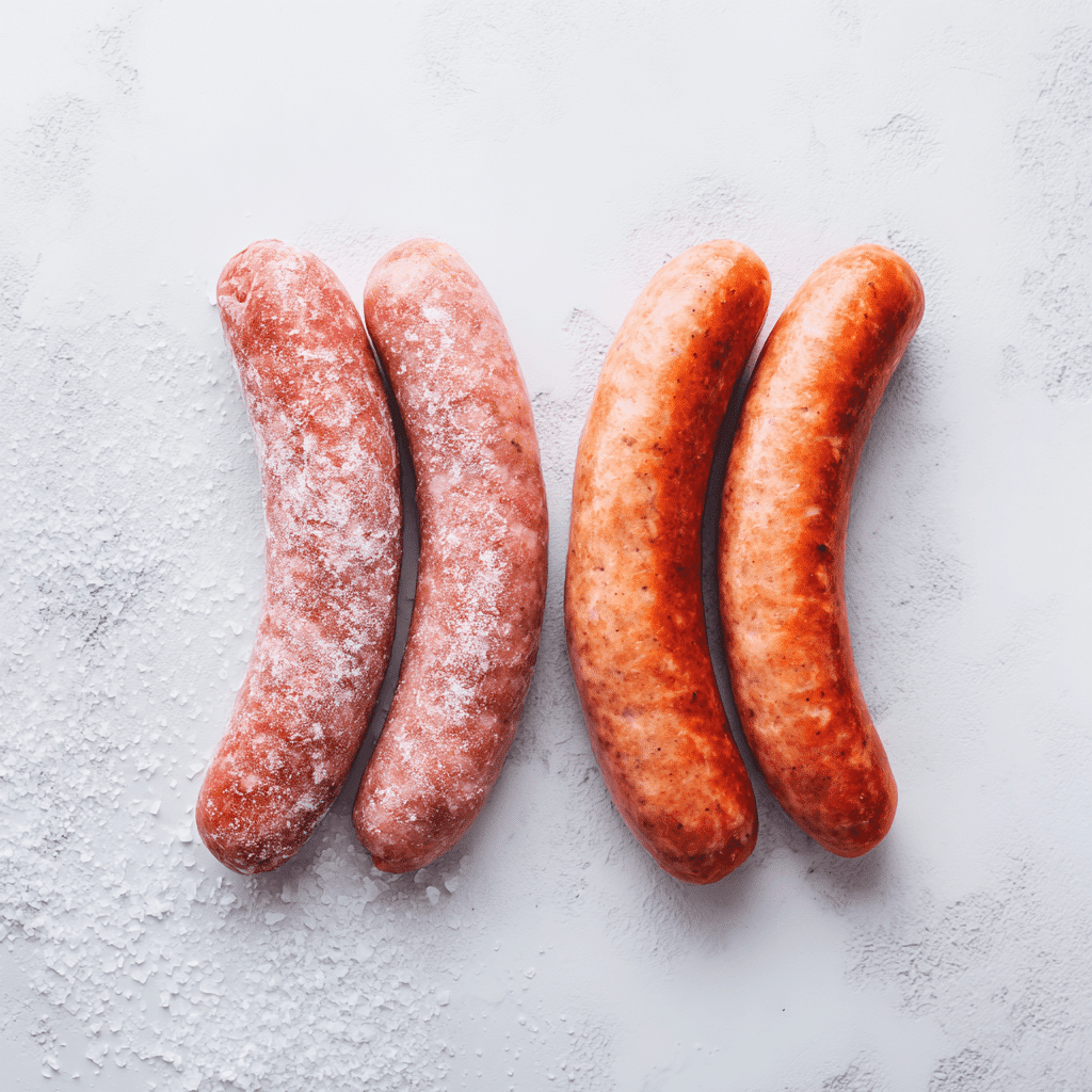Air Fryer Brats: Juicy, Crispy Sausage Made Fast 3 Fresh and frozen brats side by side on a white surface