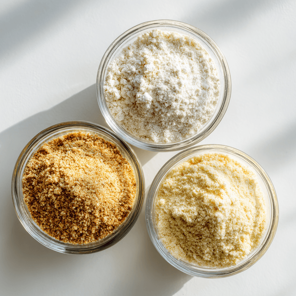 Gluten Free Pancakes Recipe – Fluffy, Easy & Homemade 4 Three glass bowls of gluten free flours showing texture and color differences.