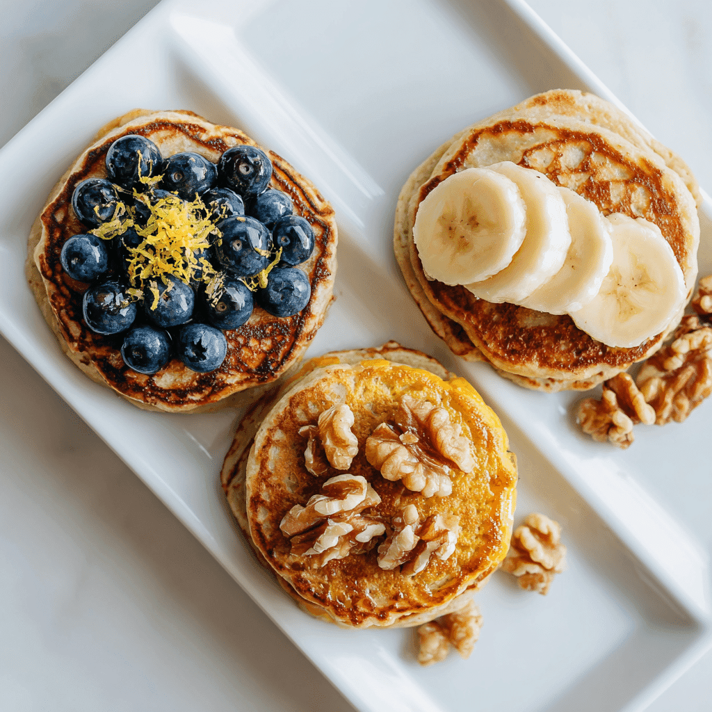 Gluten Free Pancakes Recipe – Fluffy, Easy & Homemade 6 Three stacks of gluten free pancakes with blueberry lemon, banana walnut, and pumpkin spice variations.
