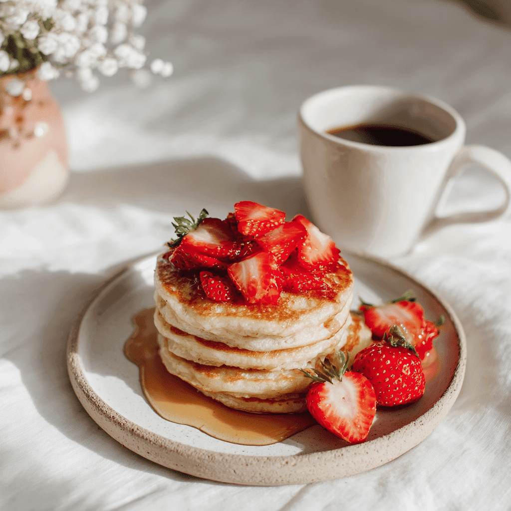 Gluten Free Pancakes Recipe – Fluffy, Easy & Homemade 7 gluten free pancakes topped with strawberries and honey on a breakfast table with coffee.