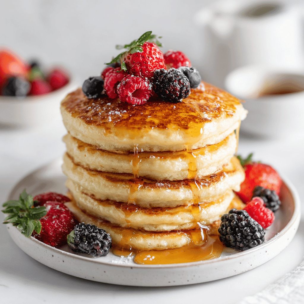 Gluten Free Pancakes Recipe – Fluffy, Easy & Homemade 1 golden gluten free pancakes recipe topped with berries and maple syrup.
