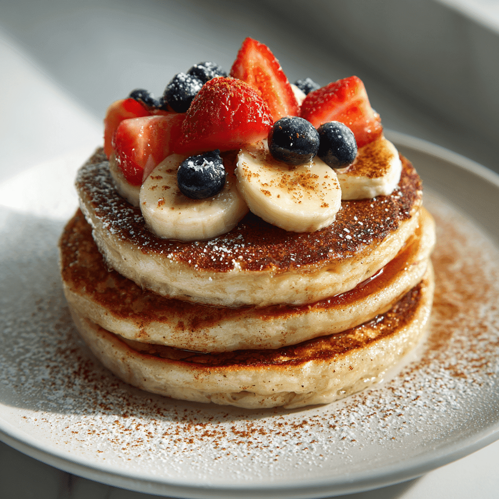 Pancake Recipe Without Milk – Easy, Fluffy & Dairy-Free 4 Stack of healthy pancakes without milk on a white plate, topped with banana slices, strawberries, and blueberries, dusted with cinnamon and powdered sugar.