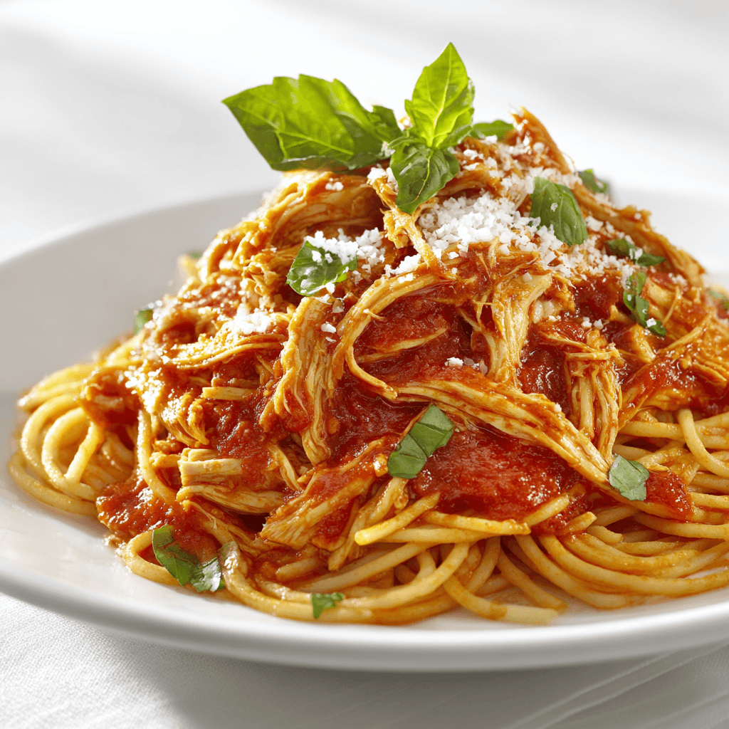 Chicken Spaghetti Sauce Recipe – A Comforting Twist Worth Making 3 Hearty chicken spaghetti sauce on white plate with basil and Parmesan