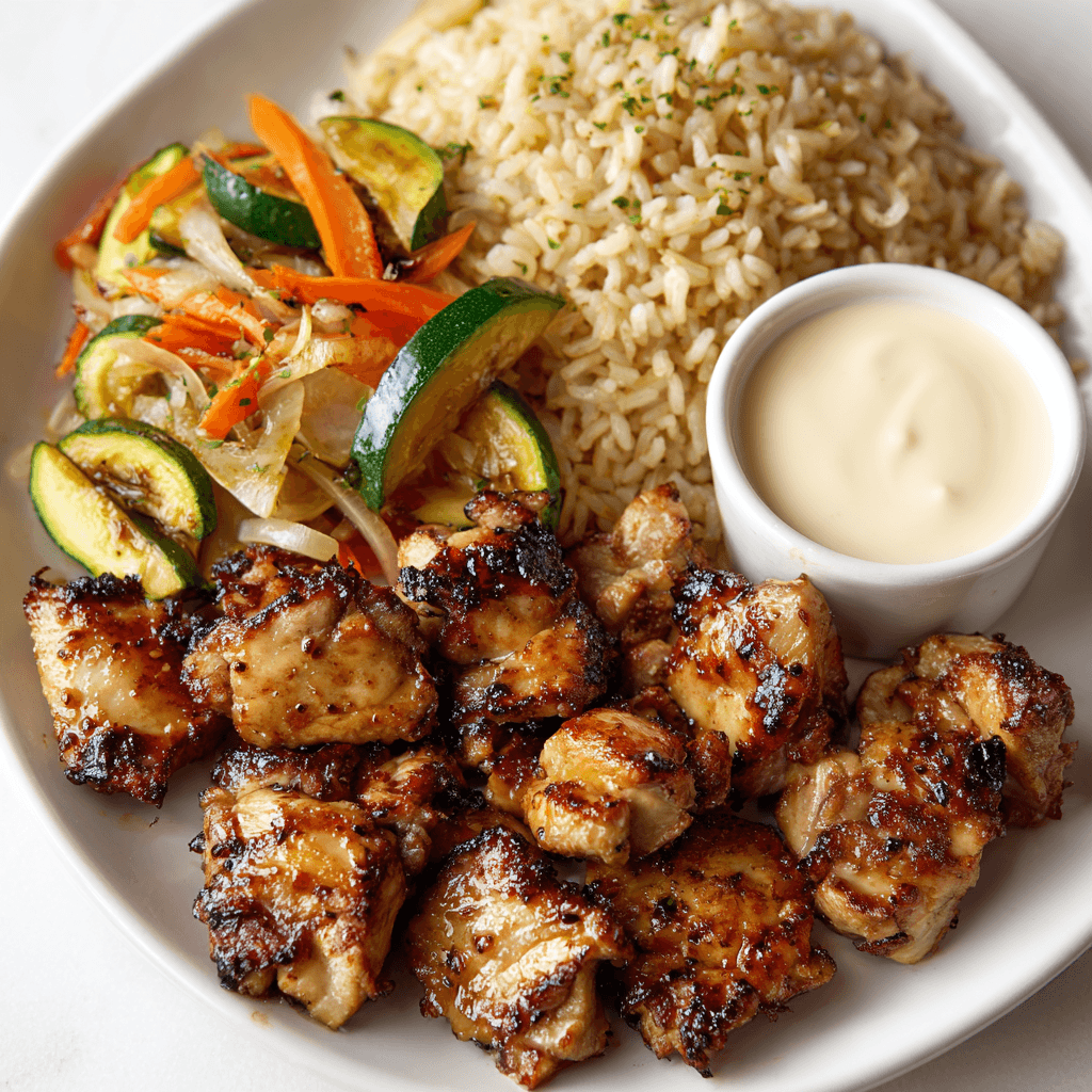 Hibachi chicken recipe served with fried rice and vegetables