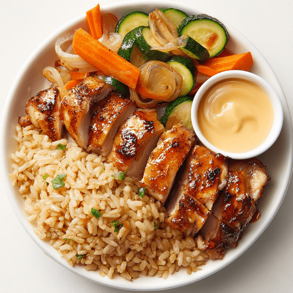 Hibachi Chicken Recipe That Beats Takeout Every Time 3 Hibachi chicken with vegetables and yum yum sauce on white background