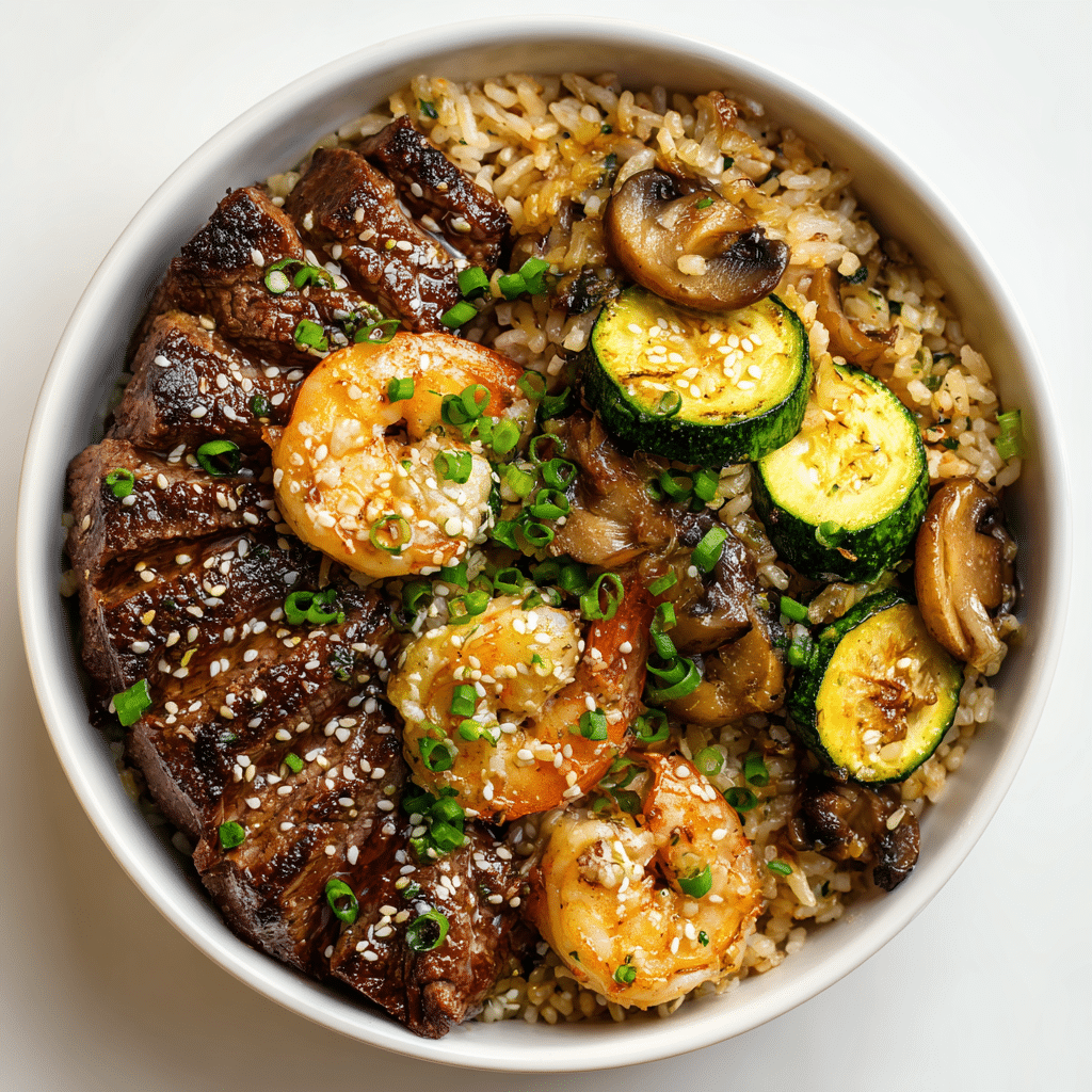 Hibachi steak and shrimp recipe with fried rice and vegetables