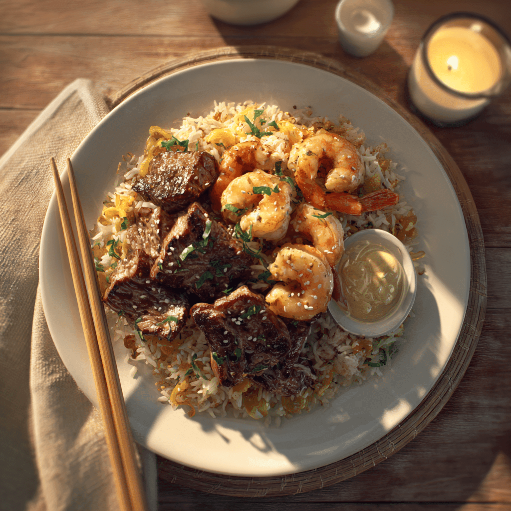 Hibachi Steak and Shrimp Recipe – Bold, Buttery & Fast 7 Homemade hibachi steak and shrimp meal with cozy dinner setting