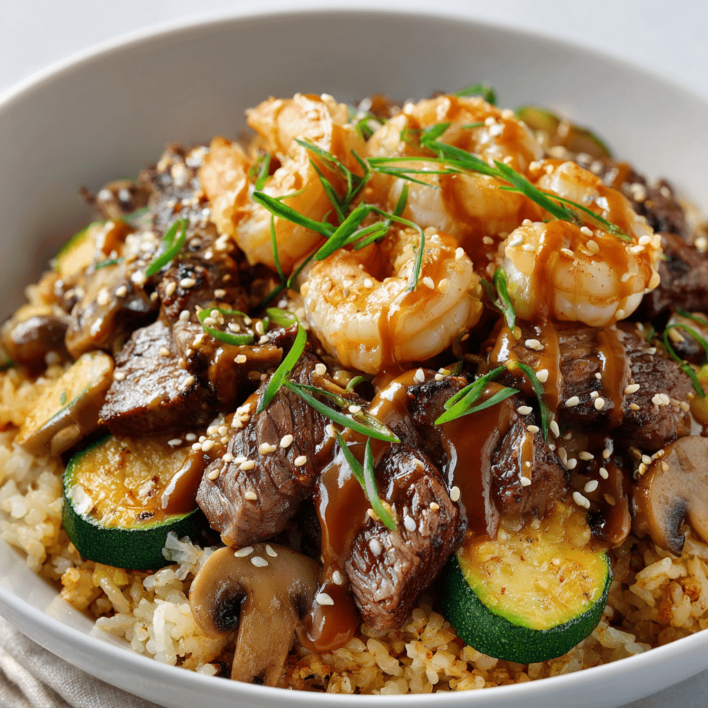 Hibachi Steak and Shrimp Recipe – Bold, Buttery & Fast 6 Plated hibachi steak and shrimp with fried rice, vegetables, and sauce