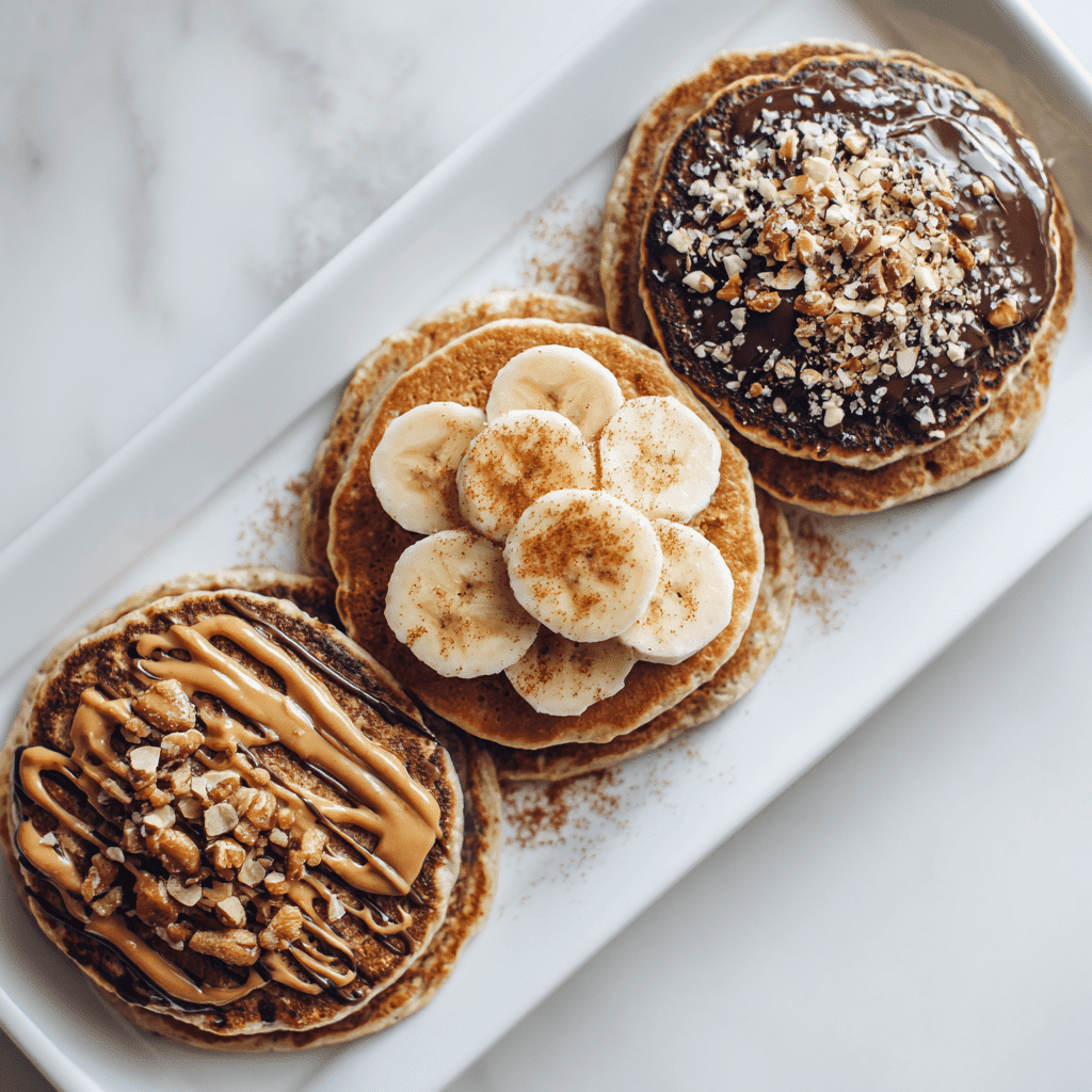 High Protein Pancake Recipe – Easy, Fluffy, Power Breakfast 6 Three stacks of high protein pancakes with banana peanut butter, chocolate almond, and pumpkin spice variations.