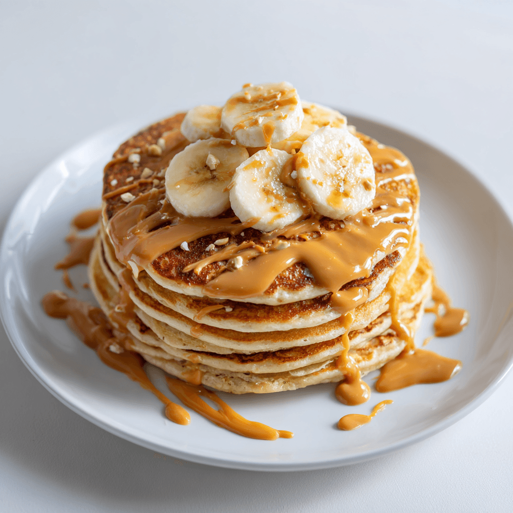 High Protein Pancake Recipe – Easy, Fluffy, Power Breakfast 1 High protein pancakes stacked with banana slices and peanut butter on a white plate.