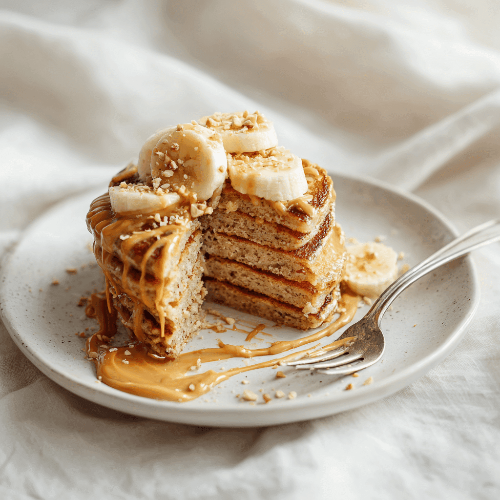High Protein Pancake Recipe – Easy, Fluffy, Power Breakfast 7 Partially eaten high protein pancakes with banana and peanut butter on a white plate.