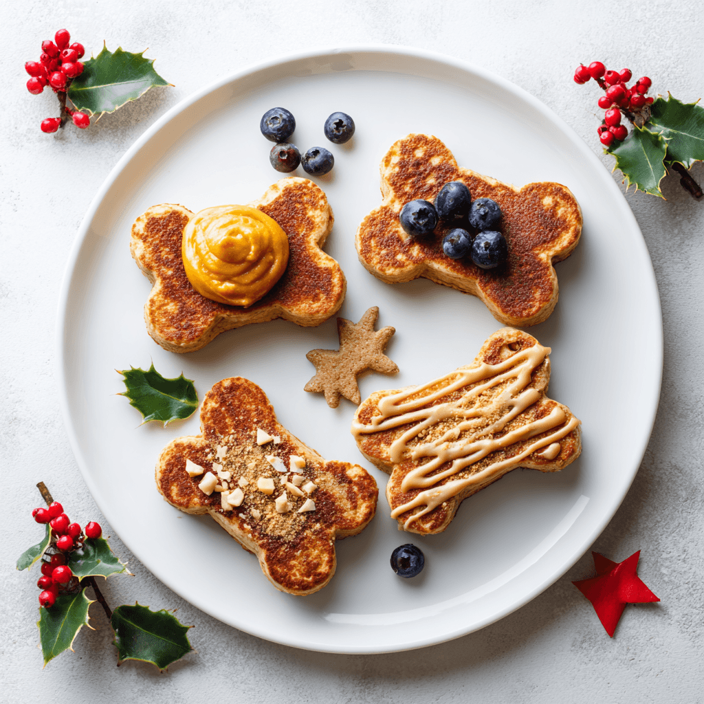 Dog Pancake Recipe Your Pup Will Love (and You Can Eat Too!) 5 Holiday-themed bone-shaped dog pancakes with pumpkin, apple, peanut butter, and blueberries