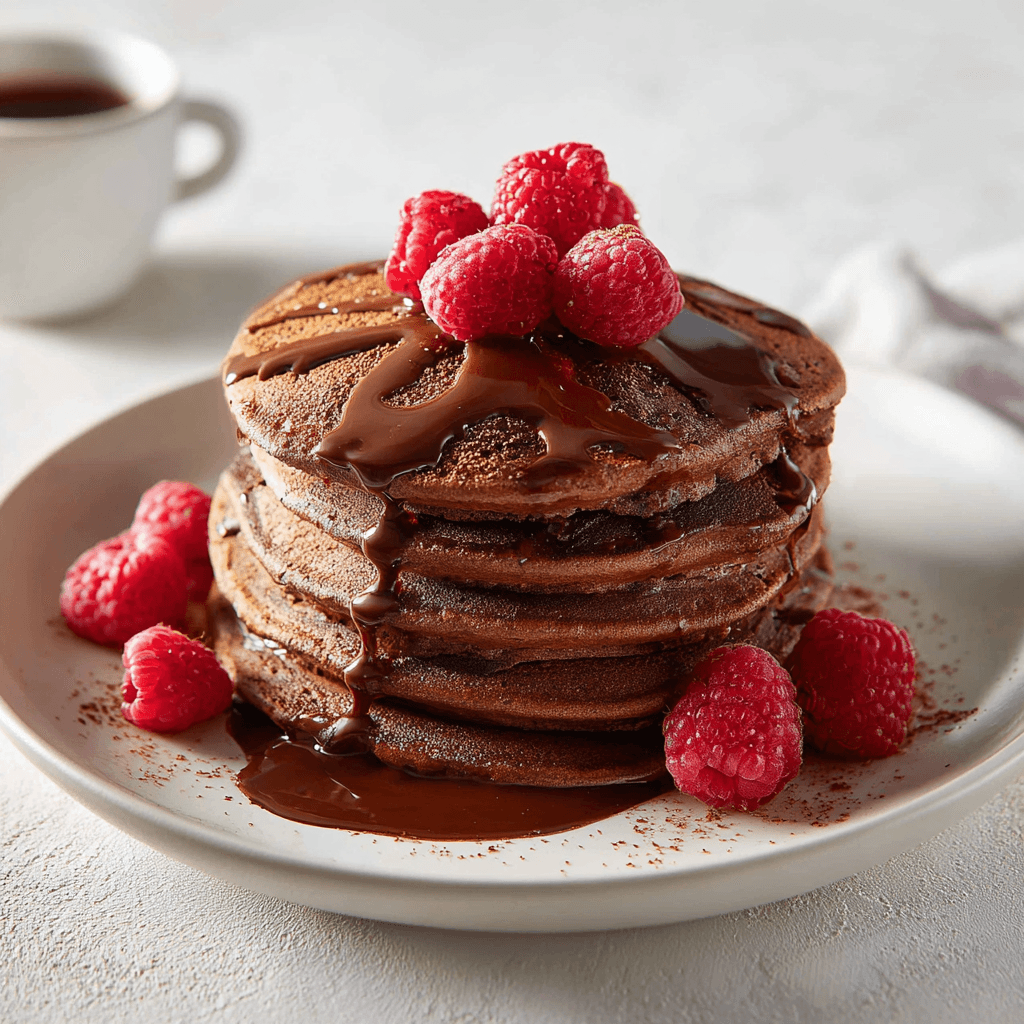 Chocolate Protein Powder Pancakes – Easy, Fluffy, High-Protein Stack 1 Homemade chocolate protein powder pancakes with raspberries and chocolate drizzle