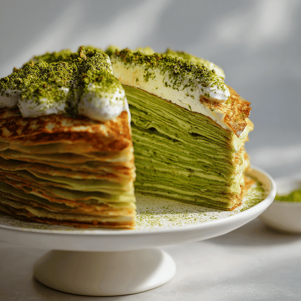 Matcha Crepe Cake Recipe – Elegant Layers with Fresh Flavor 3 homemade matcha crepe cake with visible layers and matcha dusting on white background