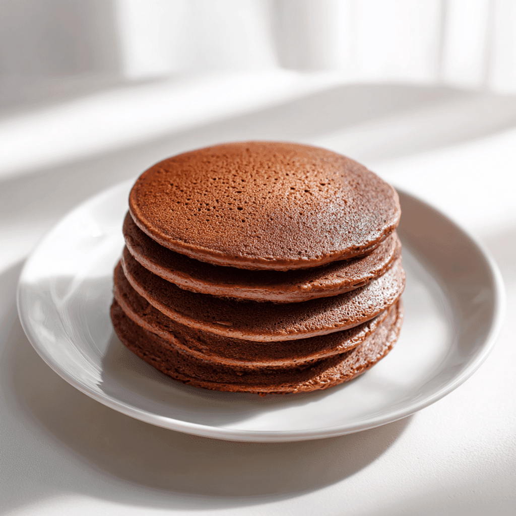 Chocolate Protein Powder Pancakes – Easy, Fluffy, High-Protein Stack 2 Fluffy chocolate protein powder pancakes stacked on a white plate