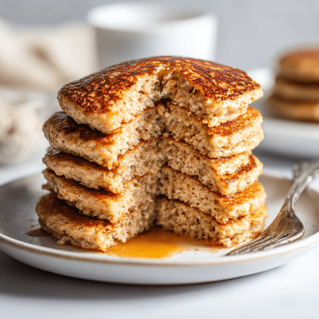 Oatmeal Protein Pancakes: Fluffy, Healthy, and Easy to Make 3 Fluffy oatmeal protein pancakes stacked on a white plate with a golden finish