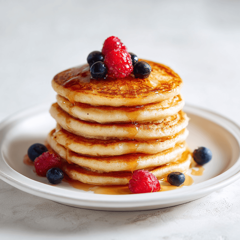 Protein Pancakes No Eggs: Easy, High-Protein, Egg-Free Stack Guide 3 Fluffy protein pancakes without eggs stacked on a white plate with syrup and berries