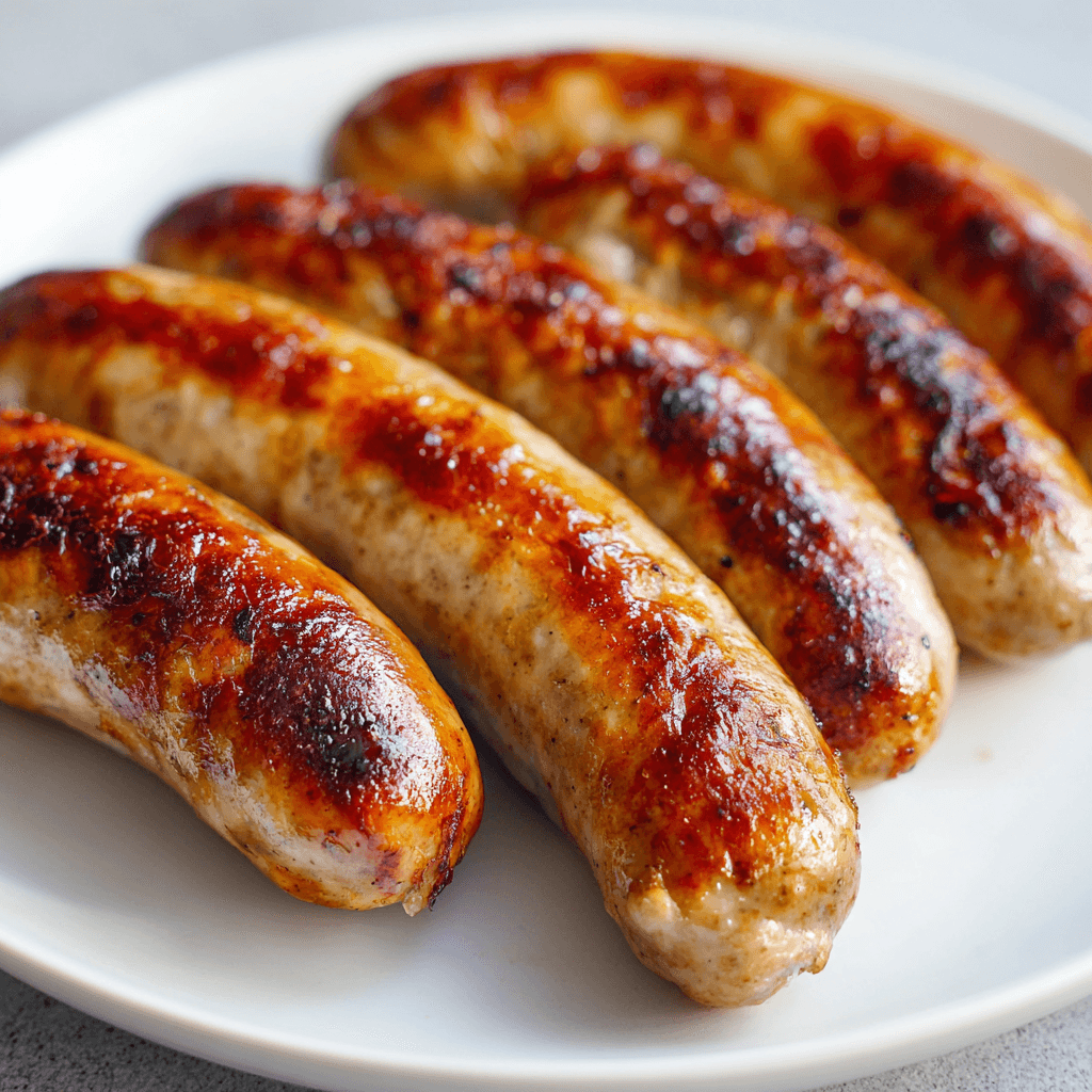 Air Fryer Brats: Juicy, Crispy Sausage Made Fast 1 Air fryer brats with crispy skin and juicy center on a white plate