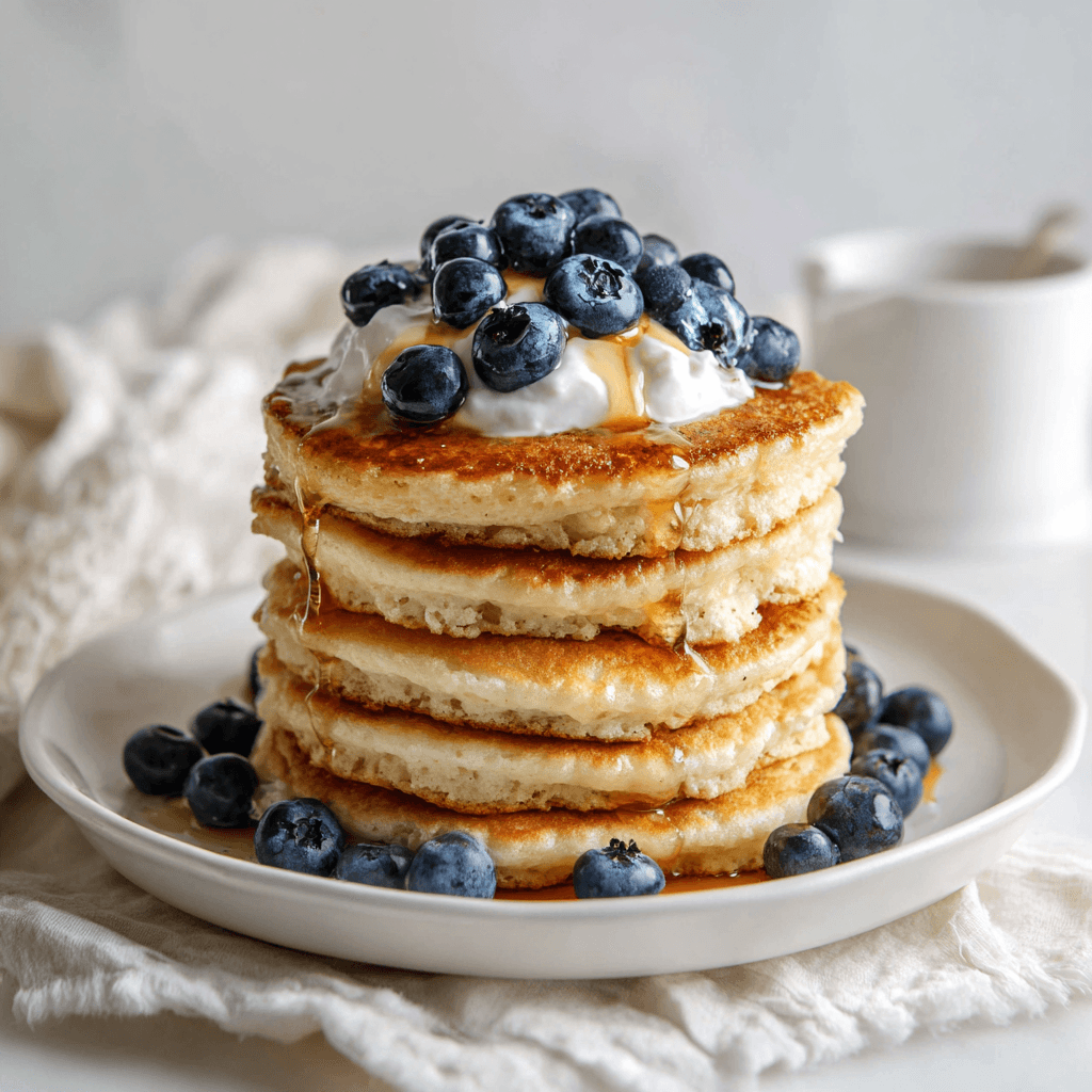 Kodiak Pancake Recipe – Easy, Protein-Packed & Customizable 1 Stack of golden Kodiak pancake recipe topped with blueberries, Greek yogurt, and syrup.