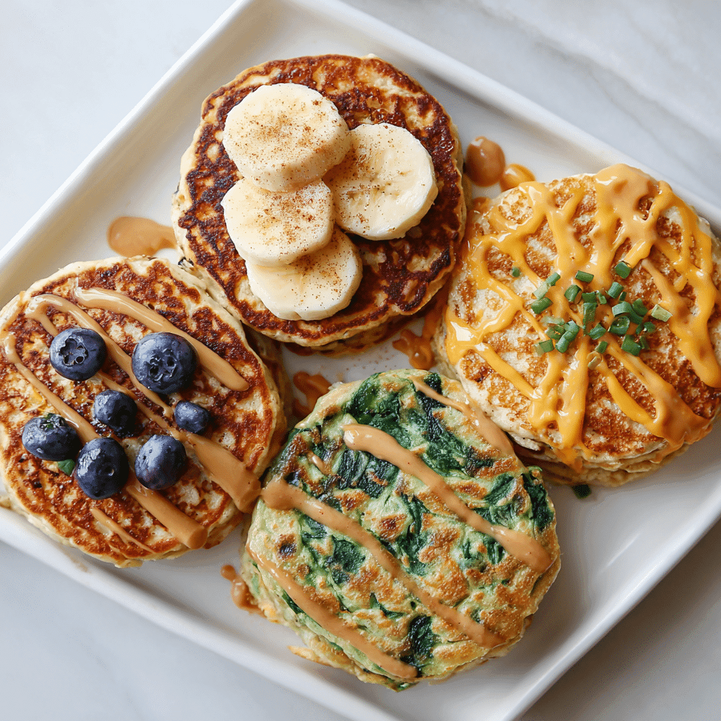 Kodiak Pancake Recipe – Easy, Protein-Packed & Customizable 5 Four mini stacks of Kodiak pancakes with sweet and savory toppings.