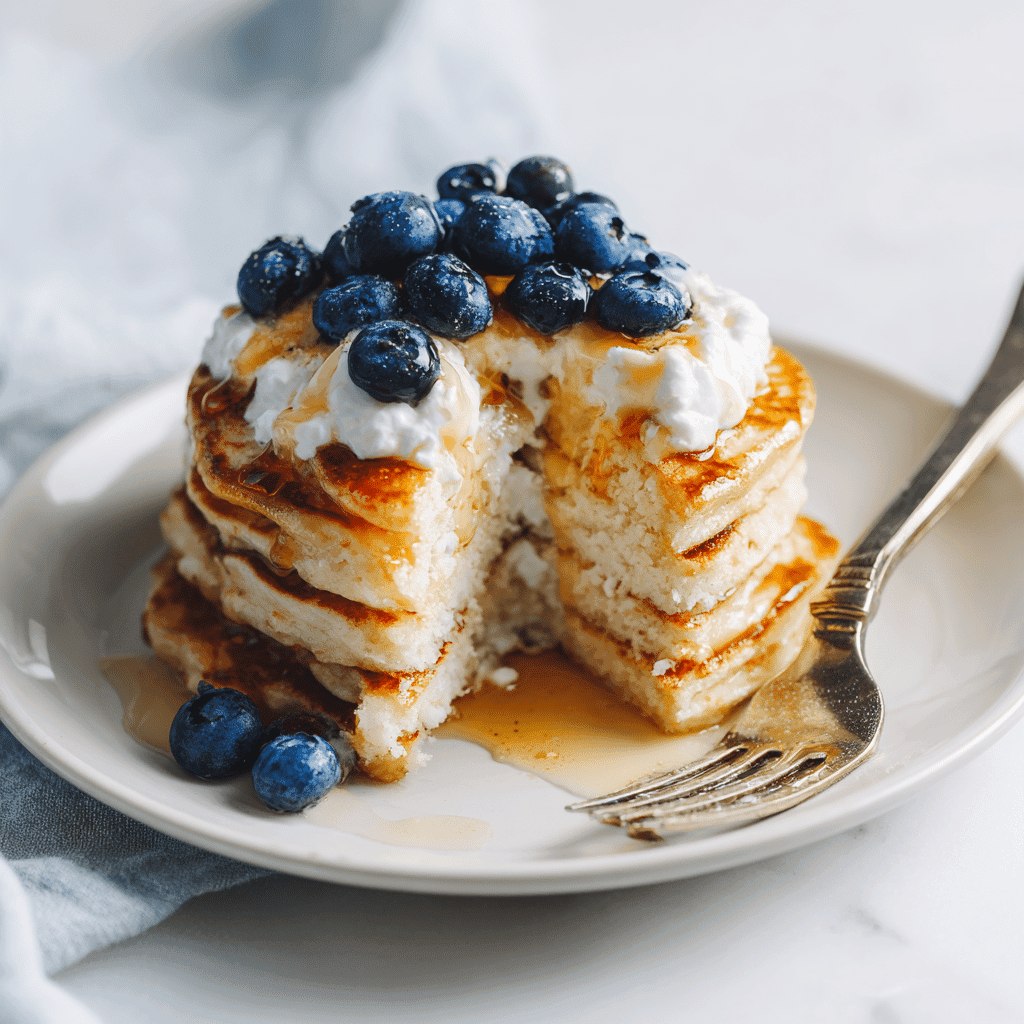 Kodiak Pancake Recipe – Easy, Protein-Packed & Customizable 6 Partially eaten Kodiak pancakes topped with Greek yogurt and blueberries.