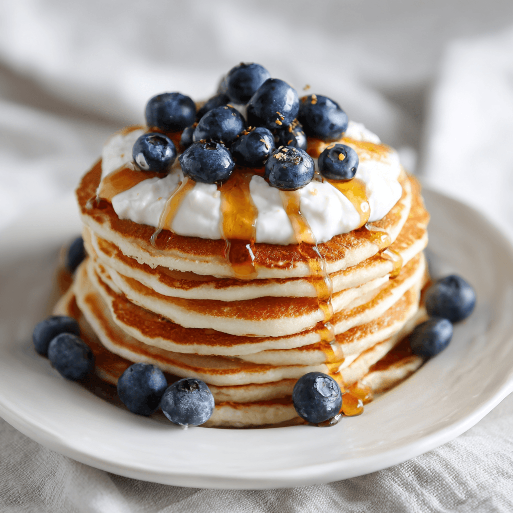 Kodiak Pancake Recipe – Easy, Protein-Packed & Customizable 3 Kodiak pancakes with Greek yogurt and blueberries on a white plate.