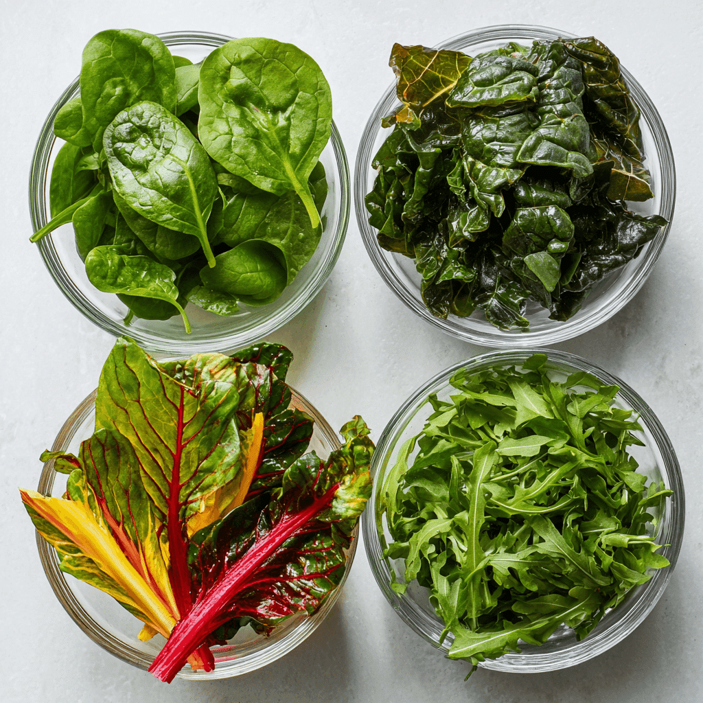 Glass bowls of spinach, kale, swiss chard, and arugula on white background