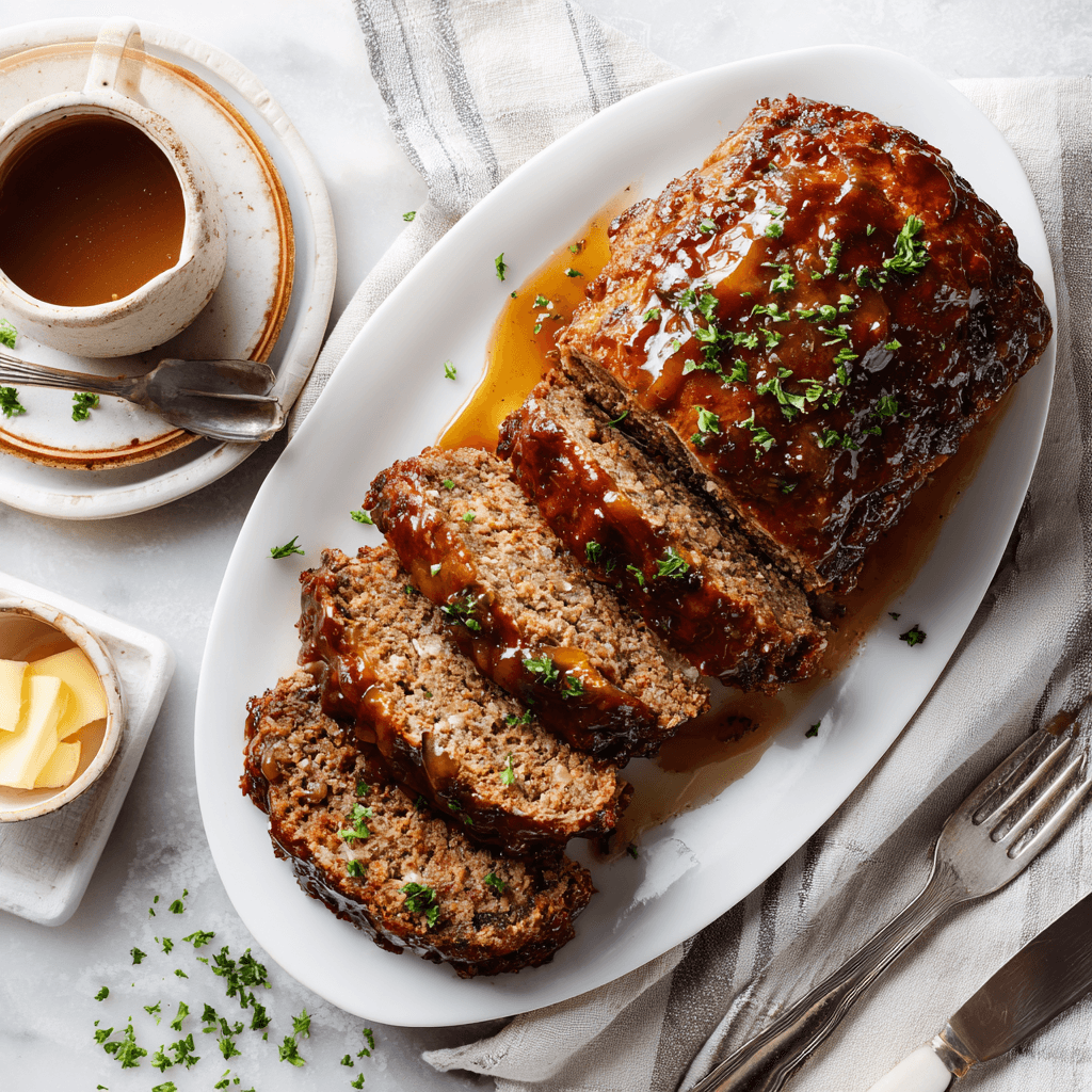 Lipton Onion Soup Meatloaf Recipe: Juicy, Classic & Easy to Make 7 Sliced Lipton onion soup meatloaf on a white platter, ready for serving
