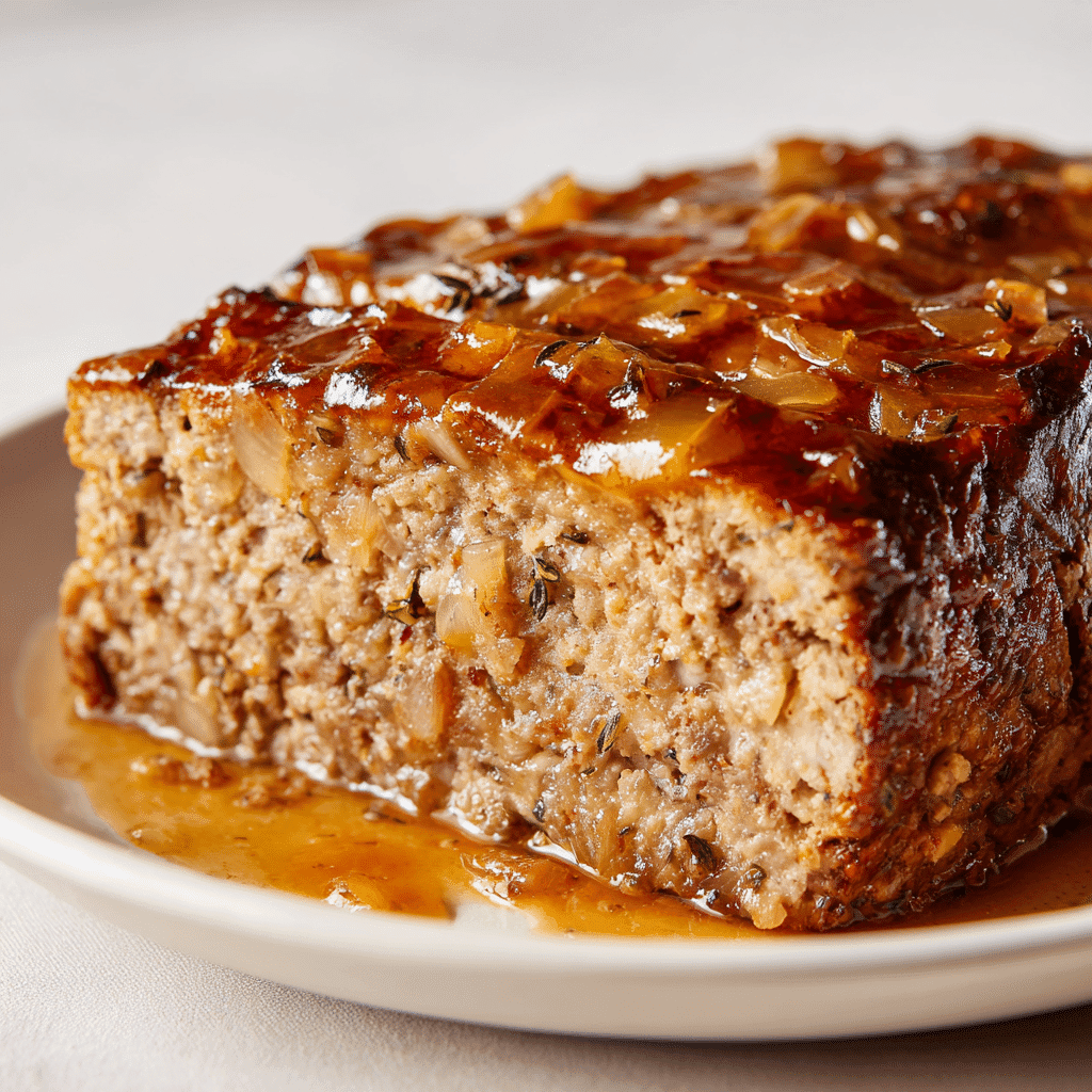 Lipton Onion Soup Meatloaf Recipe: Juicy, Classic & Easy to Make 3 Moist slice of Lipton onion soup meatloaf with onion flecks and glaze