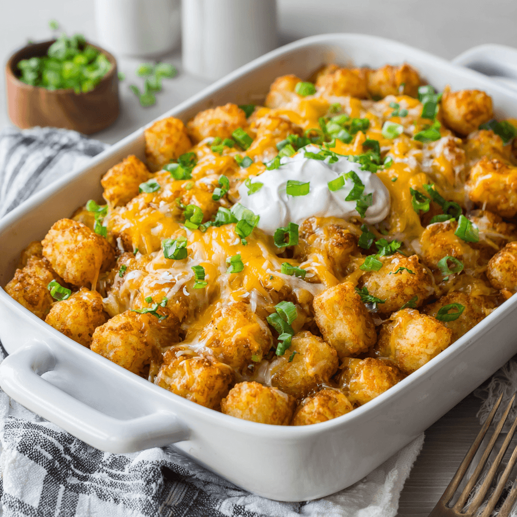 Loaded Tater Tots Recipe That’s Crispy, Cheesy, and Crowd-Pleasing 7 Comforting tray of loaded tater tots topped with cheese, bacon, and sour cream