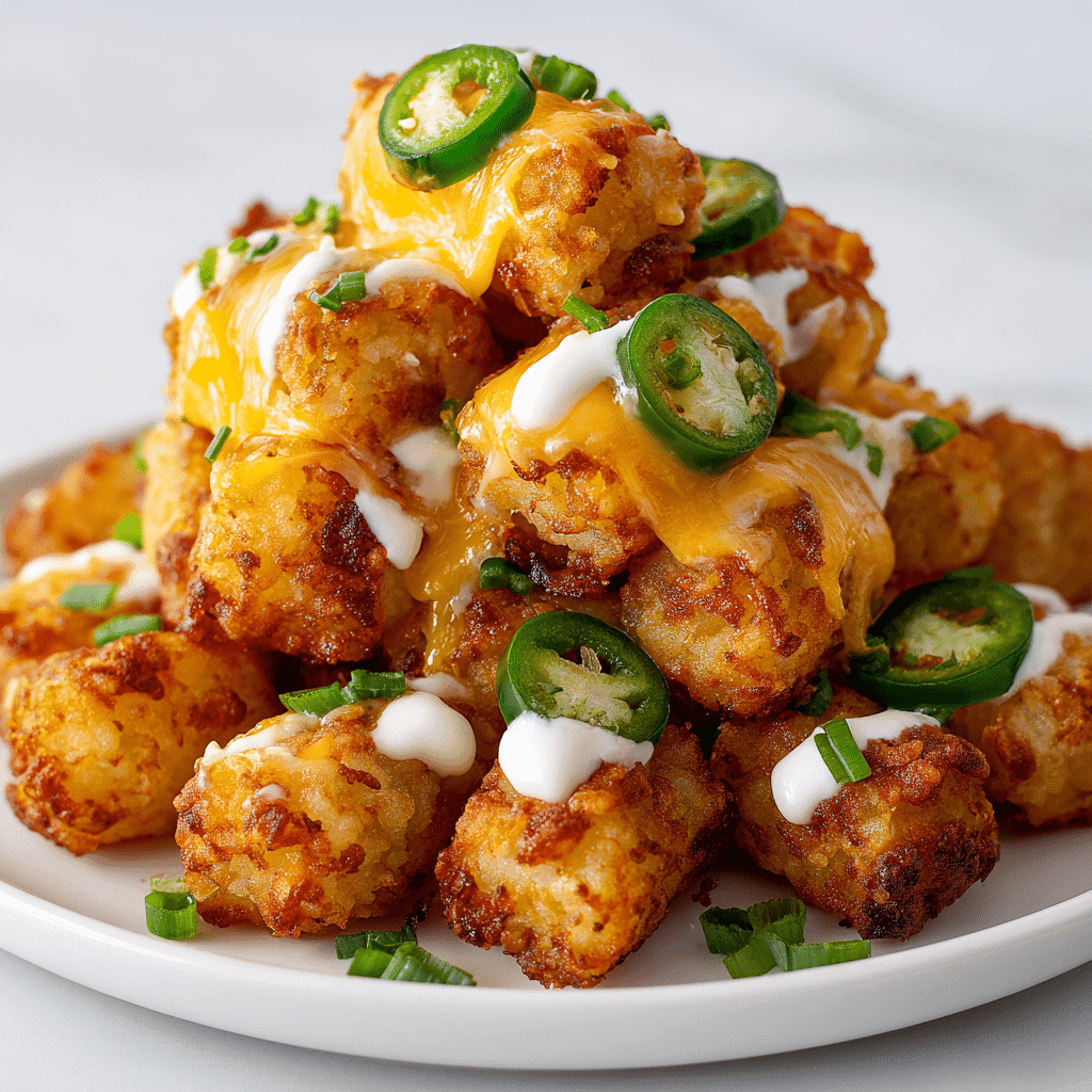 Loaded Tater Tots Recipe That’s Crispy, Cheesy, and Crowd-Pleasing 1 Loaded tater tots piled with cheese, bacon, sour cream, and jalapeños on a white plate.