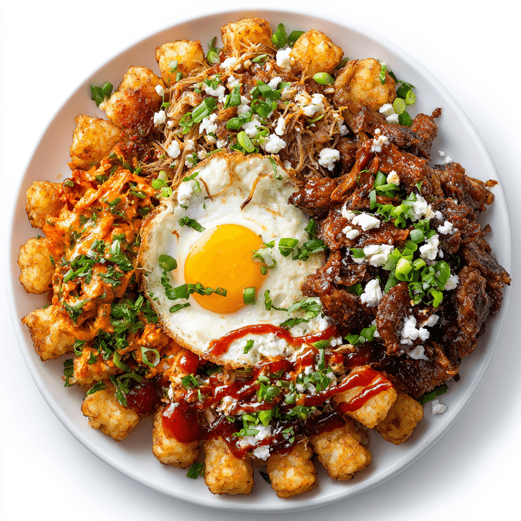 Loaded Tater Tots Recipe That’s Crispy, Cheesy, and Crowd-Pleasing 6 Plate of loaded tater tots showing variations like pulled beef, fried egg, and roasted veggies