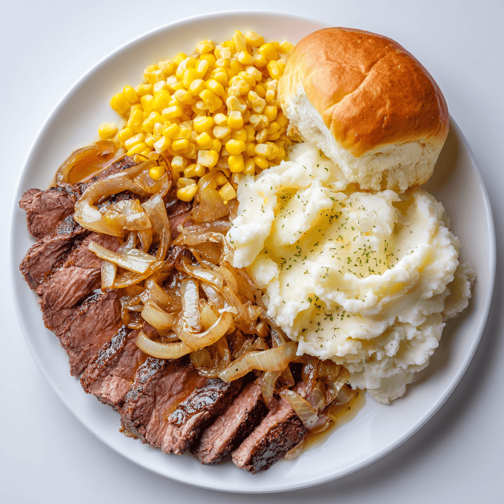 Slow Cooker London Broil Recipe – Tender, Juicy & No-Fuss 5 Comfort food plate with London broil, mashed potatoes, corn, and dinner roll