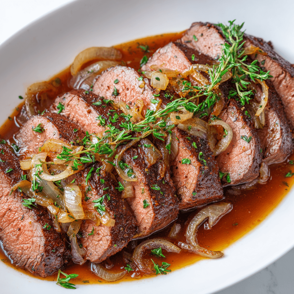 Slow Cooker London Broil Recipe – Tender, Juicy & No-Fuss 1 Crock pot London broil sliced and served in juices with onions and herbs in a white dish