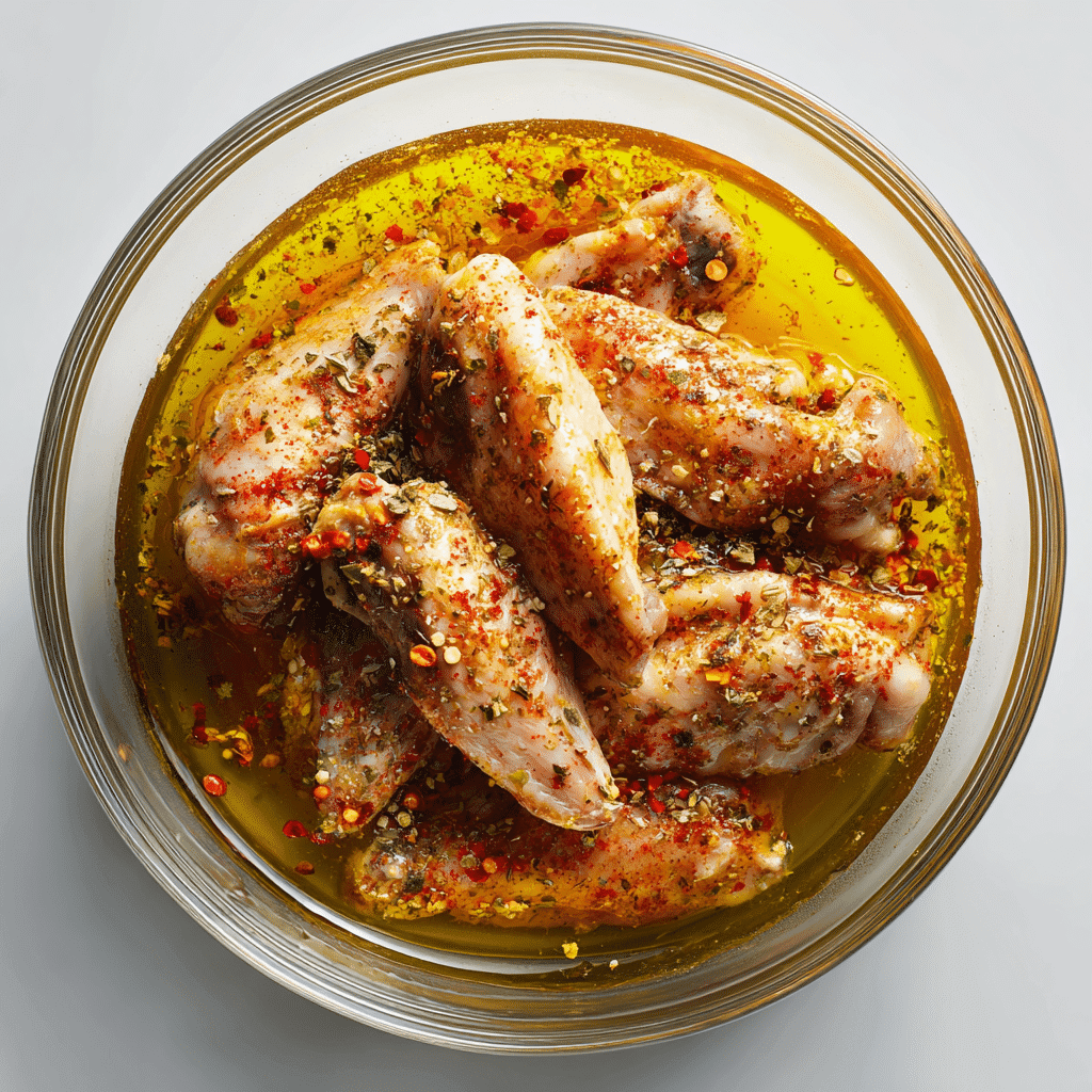 Smoked Chicken Wings – Crispy, Juicy, and Packed with Flavor 4 marinated raw chicken wings in a glass bowl with spices and herbs