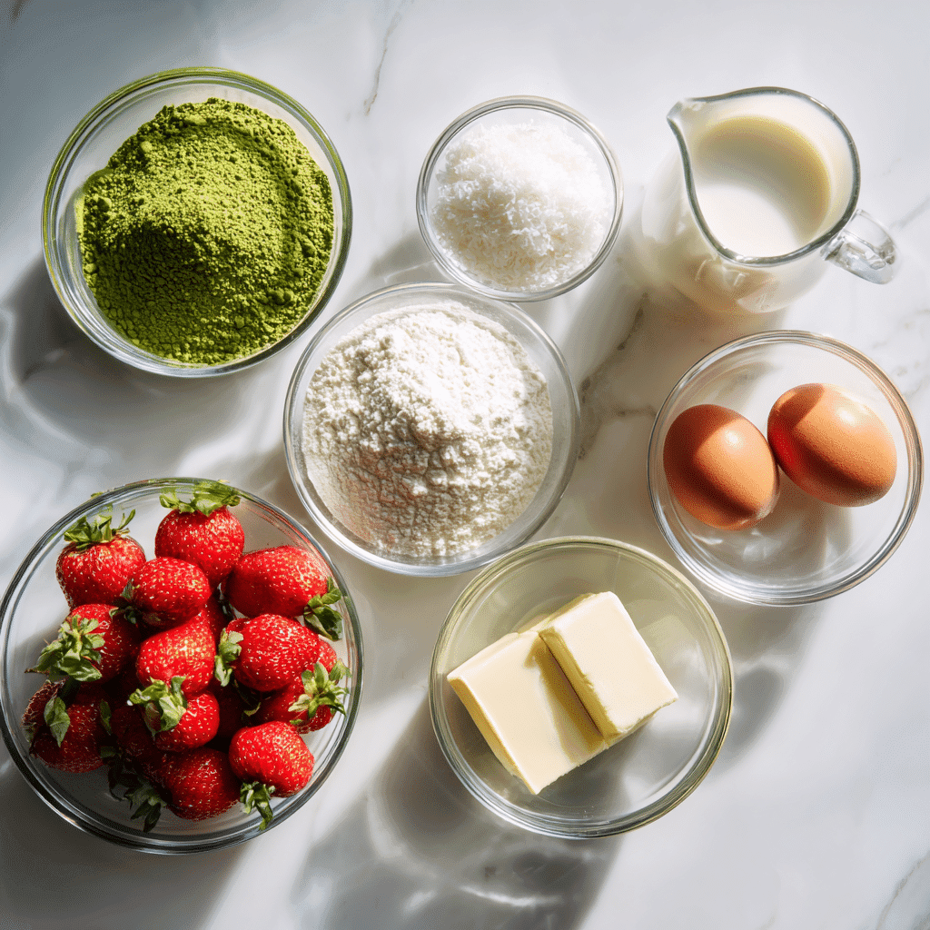 Matcha Cake Recipe – Easy, Vibrant, and Delicious 4 matcha cake recipe ingredients in glass bowls on a white marble surface