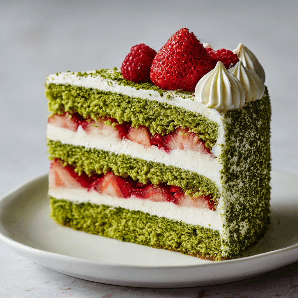 layered matcha cake recipe with whipped cream and fresh strawberries